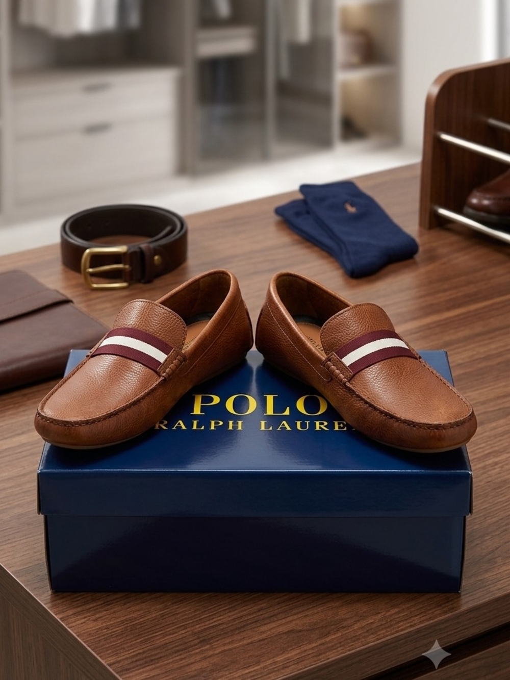 Polo by Ralph Lauren Tan Brown Leather Slip-On Loafers with Maroon & White Strap